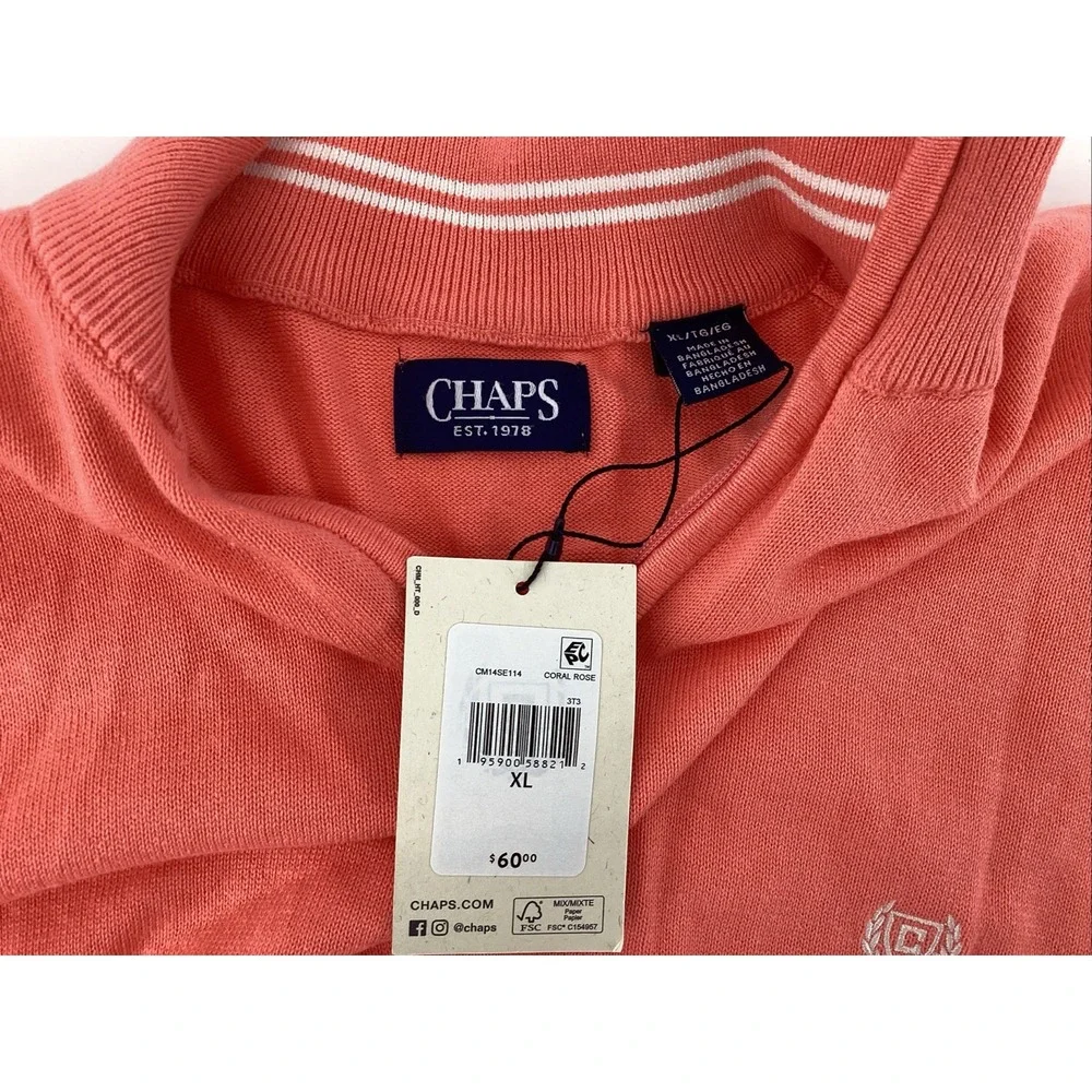 CHAPS Men's XLarge Quarter Zip Pullover Coral Rose 100% Cotton Long Sleeve